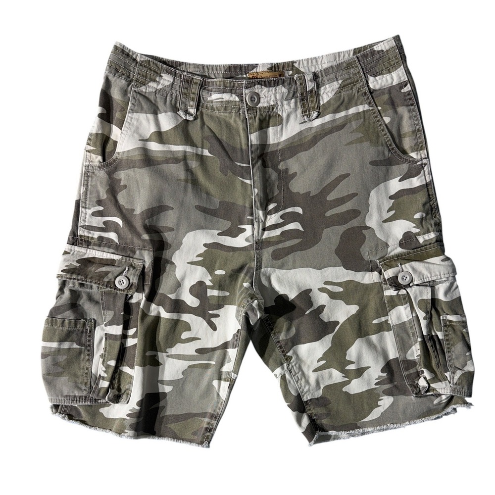 Get Lucky Camo Cargo Shorts Mens 34 Green Camouflage Raw Hem Gorpcore Streetwear